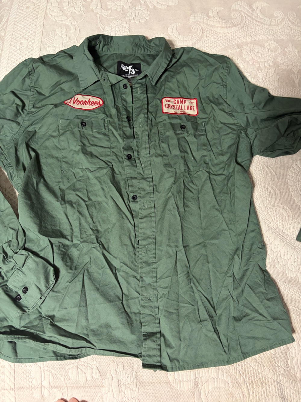 J. Voorhees Camp Crystal Lake Green Men's Button-Up Shirt Friday 13th costume2XL